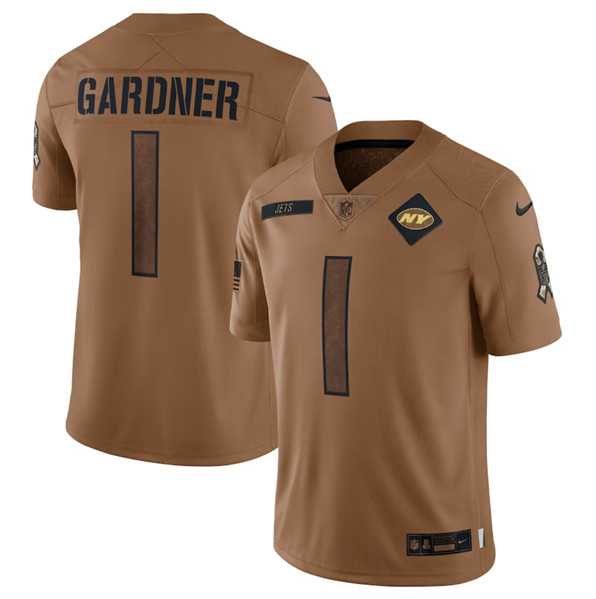 Mens New York Jets #1 Sauce Gardner 2023 Brown Salute To Service Limited Football Stitched Jersey Dyin